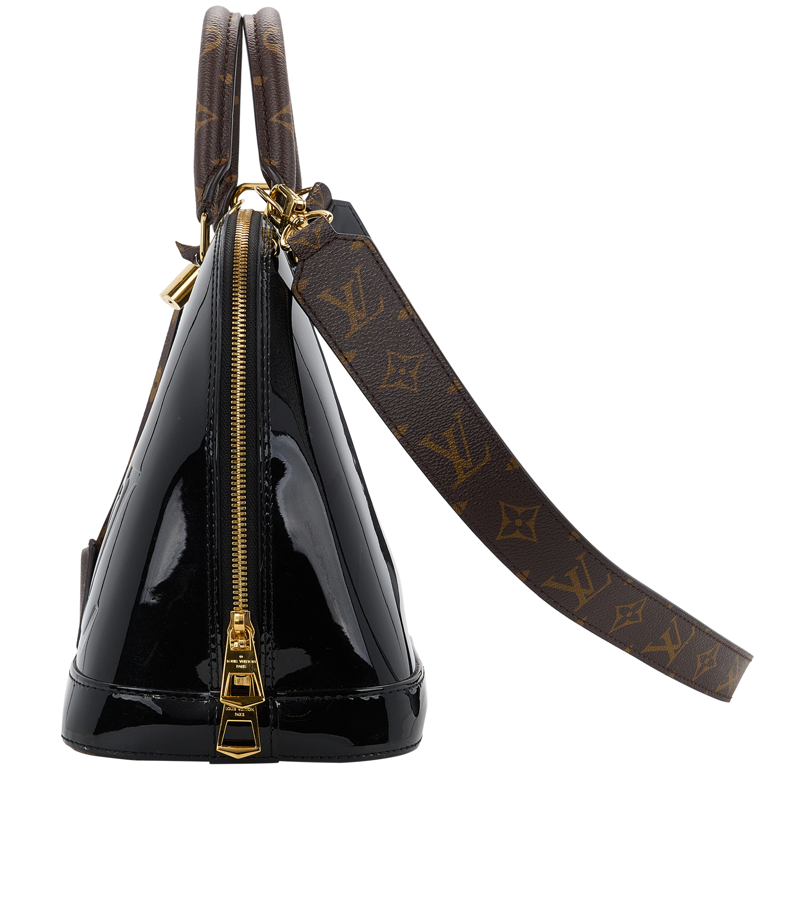 Alma PM Vernis, &pound;1,200, Handbags, Black/Brown, Canvas/Patent Leather, Bottom view